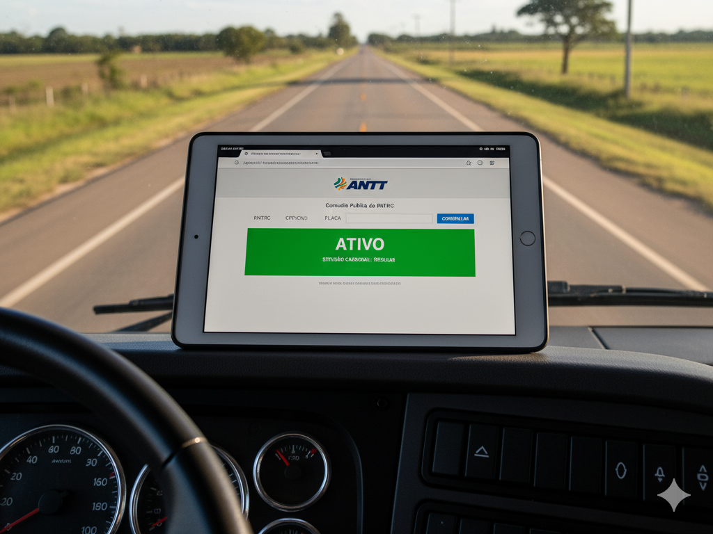 RNTRC consulta oficial da ANTT com status 'ATIVO' exibido em tablet dentro de um caminhão.