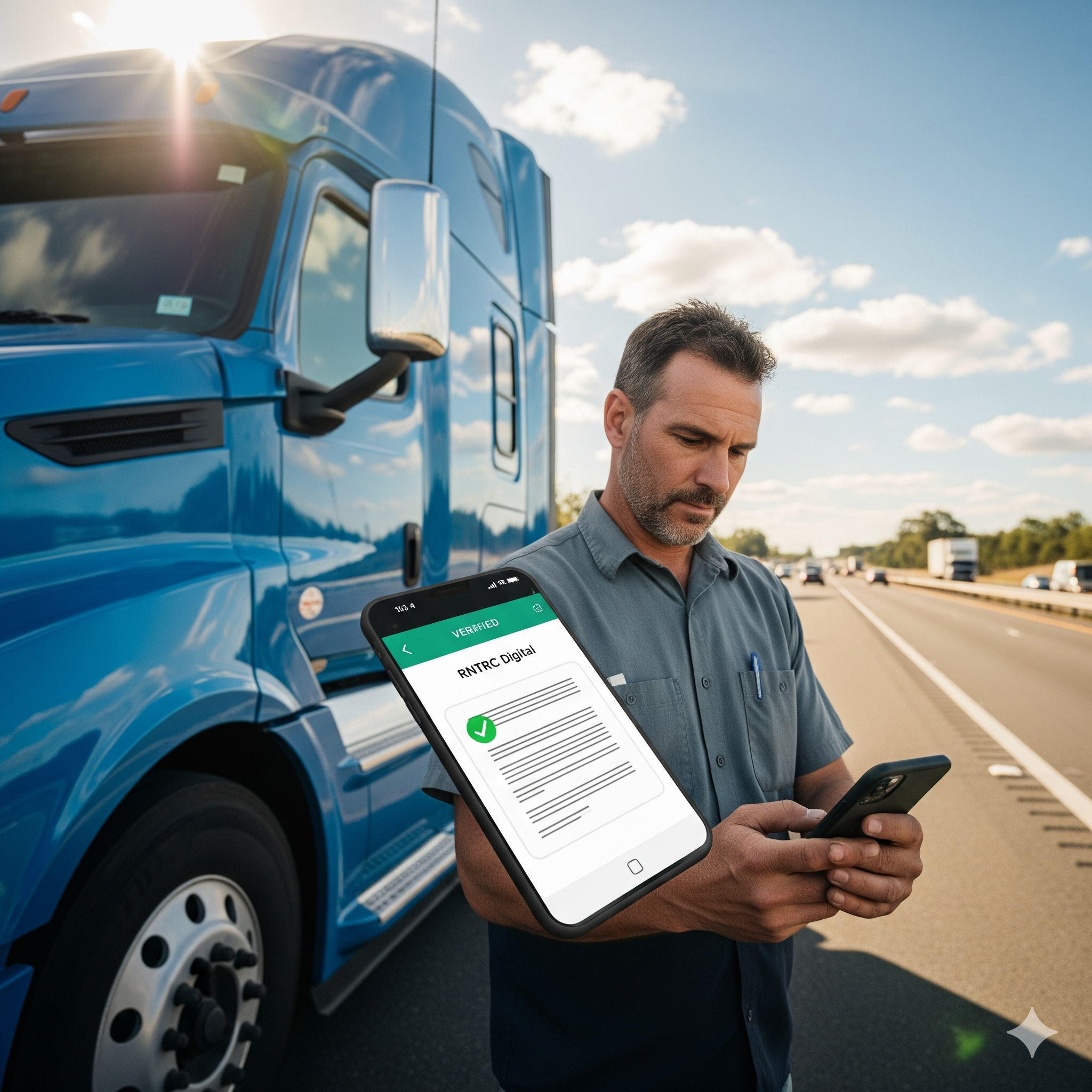 Caminhoneiro utilizando celular para acessar o RNTRC Digital