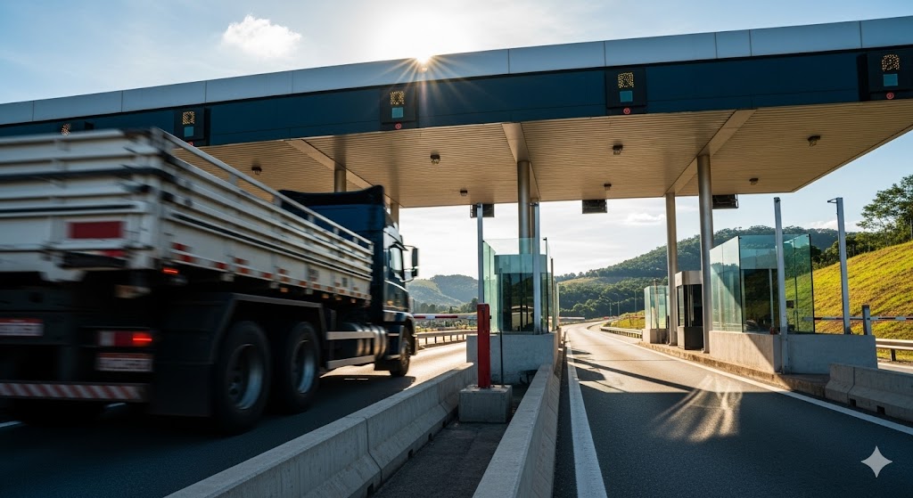 Caminhão passando no Vale-Pedágio Obrigatório automático na rodovia